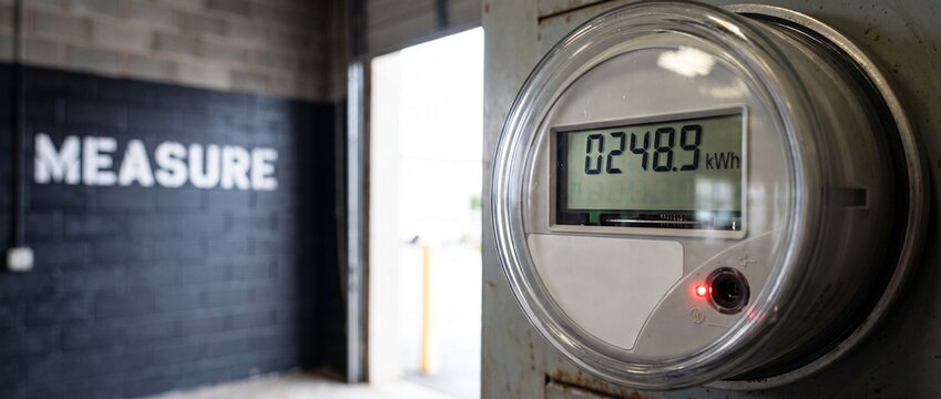 Smart electric meter digital display measuring power consumption in industrial garage showing kilowatt hours reading with word measure on brick wall background representing energy efficiency concepts.