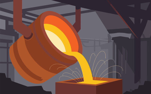 Molten metal pours from crucible into mold in industrial furnace setting