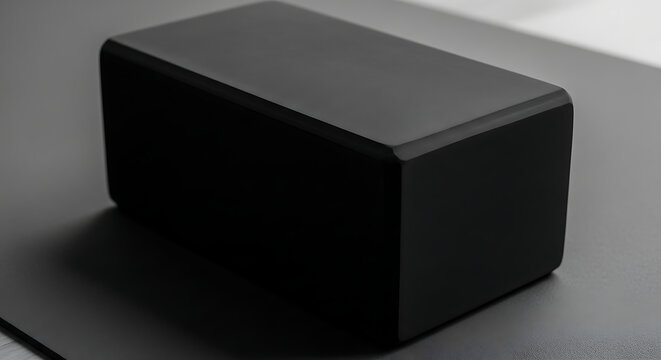 A sleek black rectangular box with a matte finish and soft shadows on its surface.