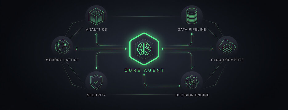 Infographic of core agent system with connected components analytics data pipeline