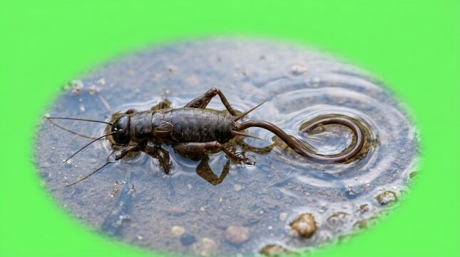 Hairworm emerging from cricket on wet green surface in close-up macro detail