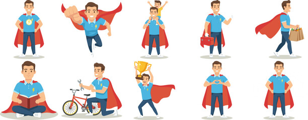 Fototapeta premium Man in Superhero Cape Posing in Various Activities, Male Character Set
