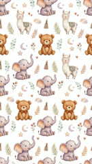 Obraz premium Watercolor Cute Animals Seamless Pattern with Hearts for Nursery, Generative AI