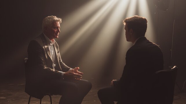 8K Ultra HD Two men in suits sitting in chairs facing each other during a professional interview in a dark studio with dramatic spotlight image