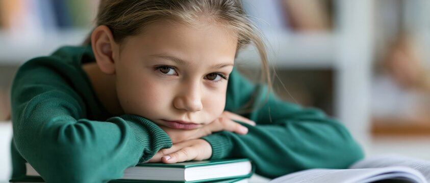 This image features a thoughtful young girl resting her head on a stack of books, expressing feelings of boredom and contemplation in a cozy study setting.