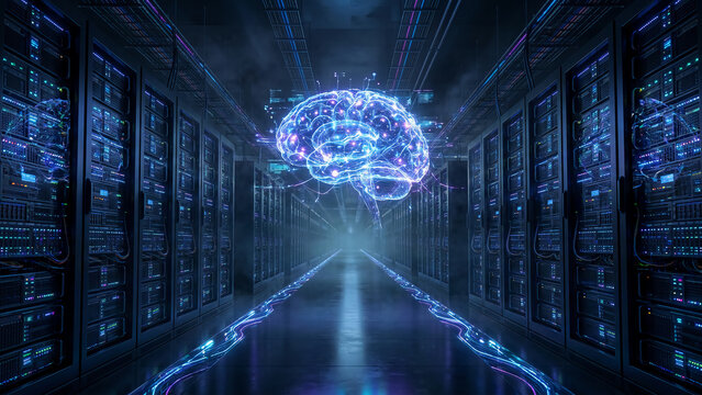 Futuristic data center with glowing brain.