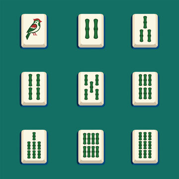Mahjong bamboo suit tiles one to nine flat vector illustration