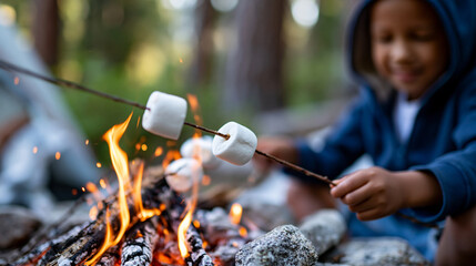 Fototapeta premium Boy roasting marshmallows over a campfire during a forest camping trip, childhood outdoor adventure and summer vacation concept, defocused background, with copy space