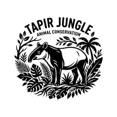 Obraz premium Black and white tapir illustration in lush jungle conservation logo design