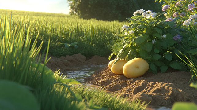 Potato plant growing in sunny agricultural field with agriculture sunlight vegetable
