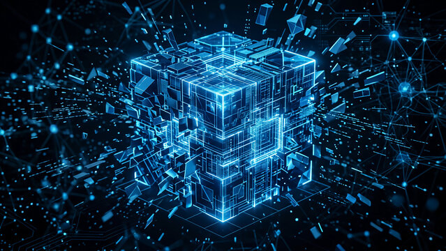 A glowing blue cube in a digital environment with abstract connections.