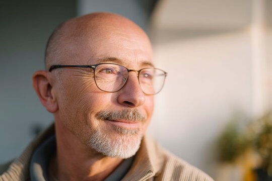 closeup of an old bald man with glasses and a goatee, a smile on his face