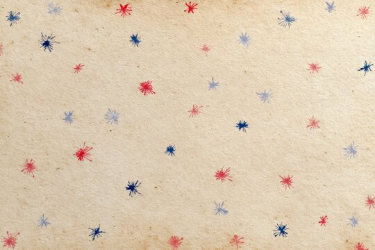 vintage, aged, beige paper with small blue and red stars, fireworks in the background, grunge texture.