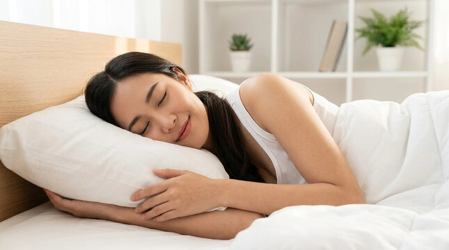 World Sleep Society, World Sleep Society,Young Asian woman sleeping peacefully in bed with white pillows and linens in a bright airy bedroom during morning daylight