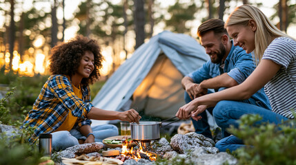 Naklejka premium Group of friends cooking dinner on a portable stove outside their tent in a pine forest at sunset, summer camping trip and outdoor lifestyle concept, defocused background, with