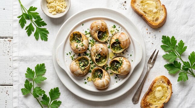 Six Escargots in Garlic Parsley Butter Shells on White Plate | French Gourmet Commercial Stock Photo