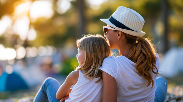 Mother and daughter viewed from behind enjoying a bright family camping moment on a peaceful sunny island trip, faceless back view, defocused background, with copy space