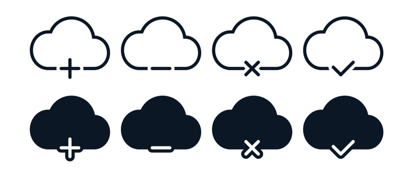 Cloud Status Control Icon with Plus, Minus, Checkmark and Cross Symbol. Vector Illustration
