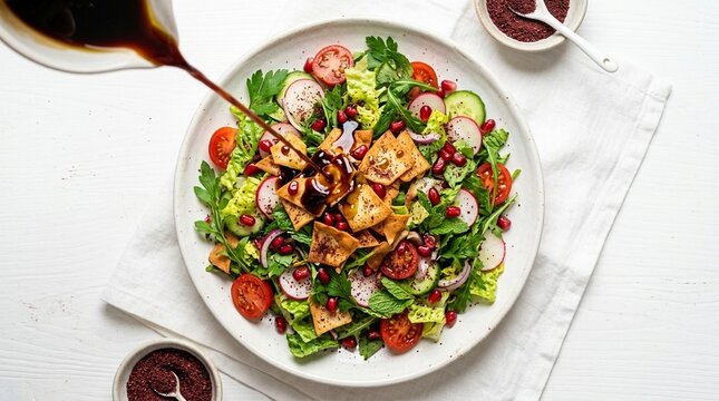 Fattoush Salad with Crispy Pita Sumac and Pomegranate Overhead | Lebanese Food Commercial Stock Photo