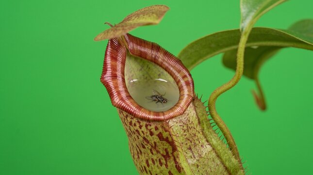 Close-up Pitcher Plant Nepenthes Peristome Detail on Vibrant Green Background