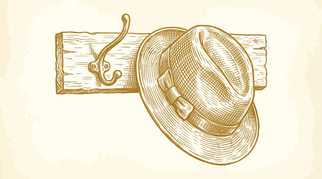 Vintage woodcut illustration of a classic fedora hat on a coat rack