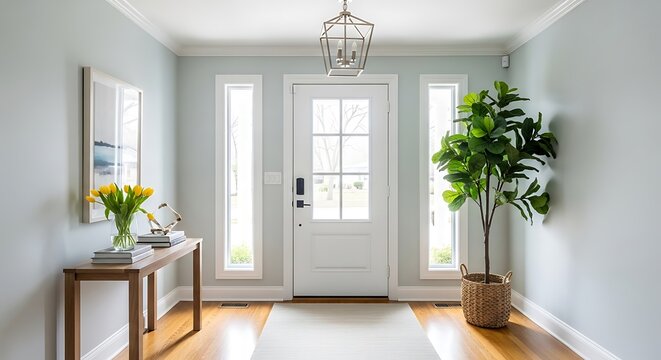 Bright interior entryway with white door, sidelights, and a decorative console table with a tree