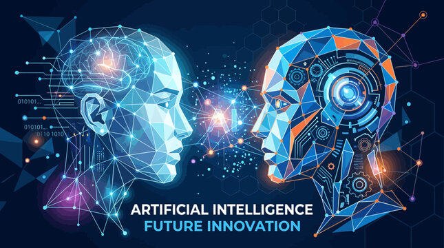 A digital illustration showing the connection between human and machine intelligence