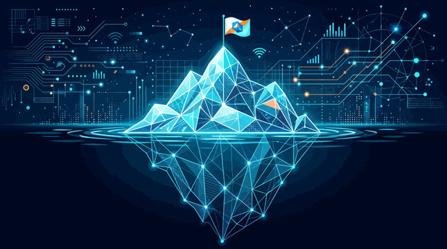 A digital mountain peak glows with data connections and abstract network lines