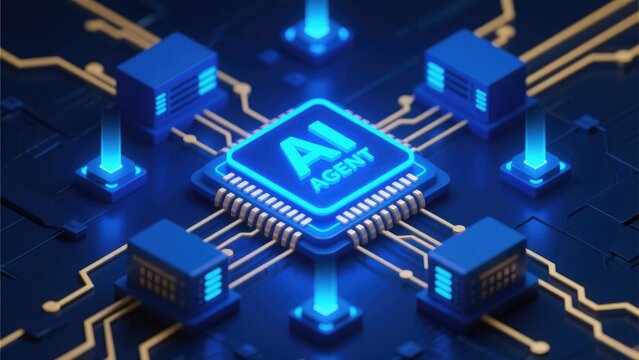 AI agent processor connected to intelligent server network architecture, idea for artificial intelligence automation, cloud computing and enterprise technology