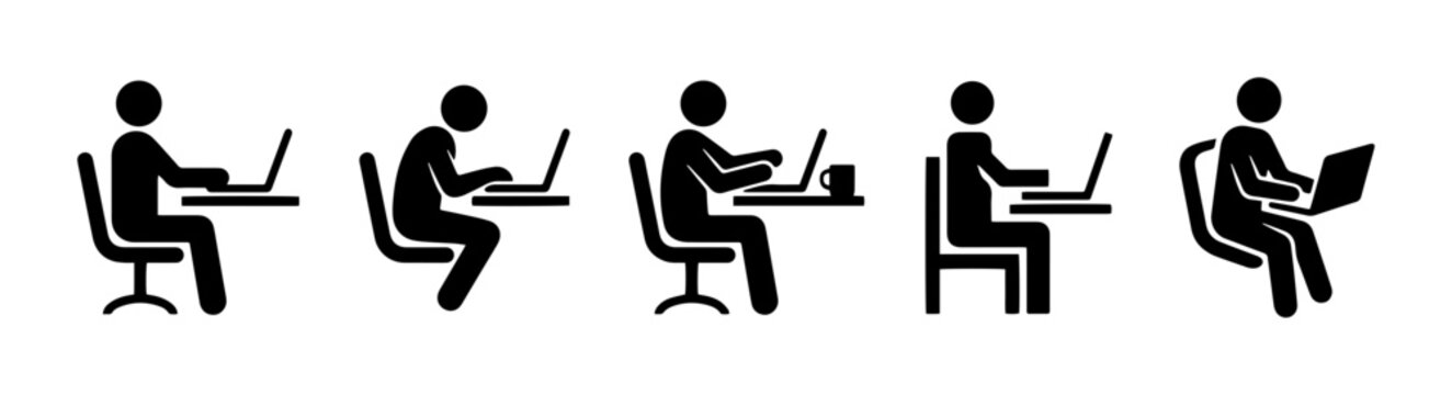 Diverse Poses, Person Sitting at Desk with Laptop, Icon Set, Business and Technology Concepts