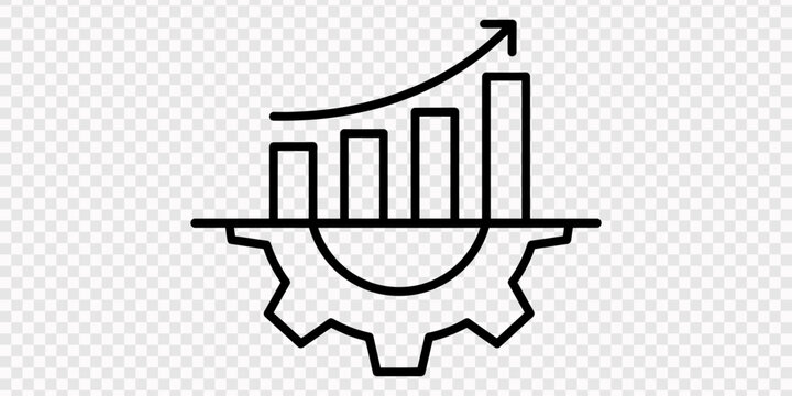 Continuous one single line drawing Productivity bar chart with gear icon vector illustration concept, transparent background. Continuous line Productivity bar chart with gear, Growing Arrow chart with