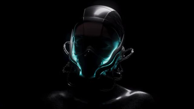 Futuristic cyborg human head with glowing neon visor 3d animation 3d video Loop VJ DJ health concept visualization for digital art projects