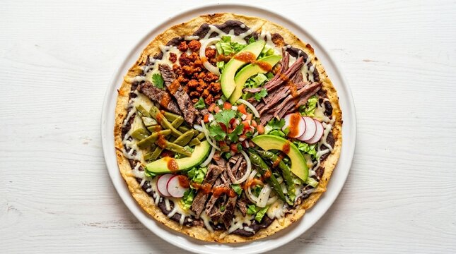 Oaxacan Tlayuda Flatbread with Black Beans and Quesillo Overhead | Mexican Street Food Stock Photo