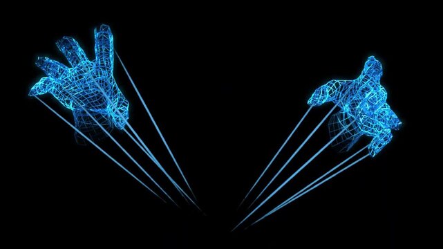Captivating 3D animation loop of futuristic wireframe hands, ideal for dynamic VJ and DJ performances, symbolizing digital health and advanced technology in an immersive 3D video display