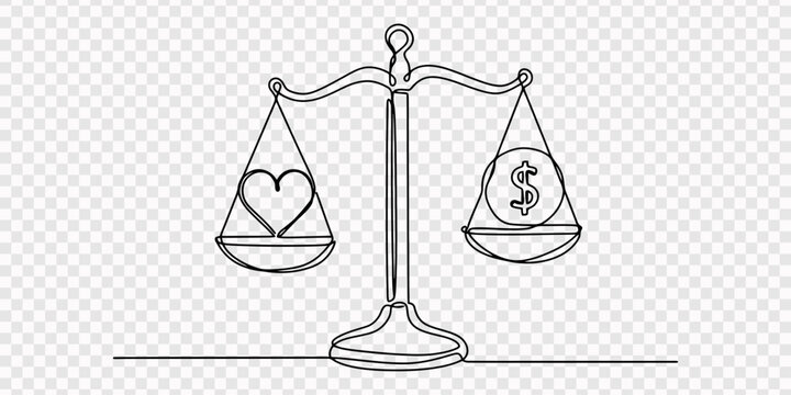 Drawing of heart with cardiogram and pile of money on scales. Life choice health or career metaphor. Single line art style, Continuous one line drawing of dollar coin sign and heart on scales. minimal