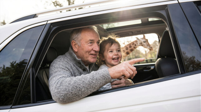 Grandfather and granddaughter looking at a giraffe through the car window during a safari park visit
