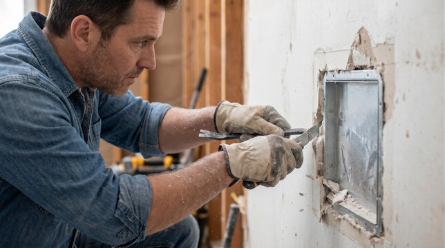 Professional contractor using a pry bar to remove a metal wall vent cover during a home renovation project