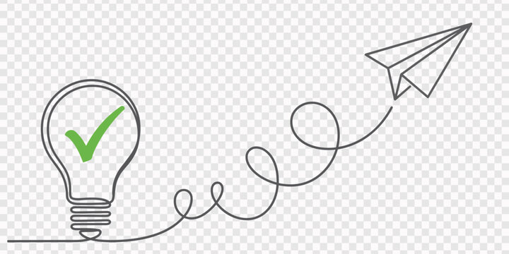 transparent background, Paper plane flying up connected with light bulb checkmark like quick tip icon in one continuous line drawing, Airplane in outline style. Startup business idea concept vector.