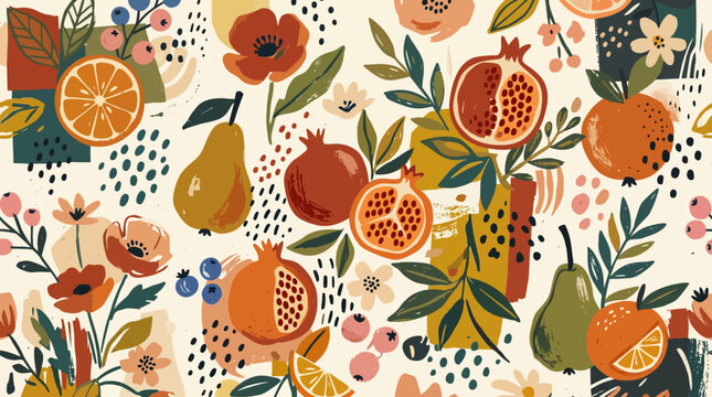 A seamless pattern featuring hand drawn fruits and flowers on a light background