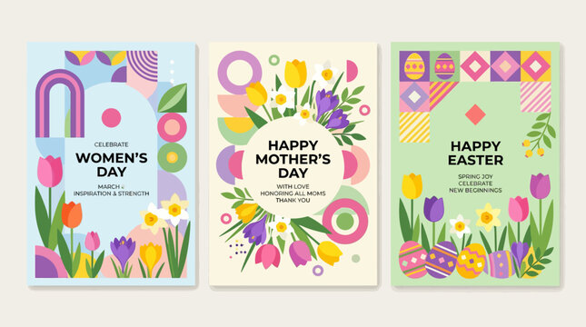 A set of three colorful greeting cards featuring spring flowers and geometric shapes