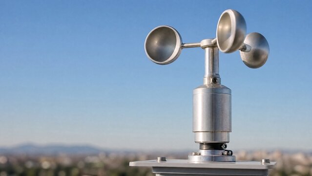 Metal anemometer on a rooftop against a clear blue sky, isolated subject.