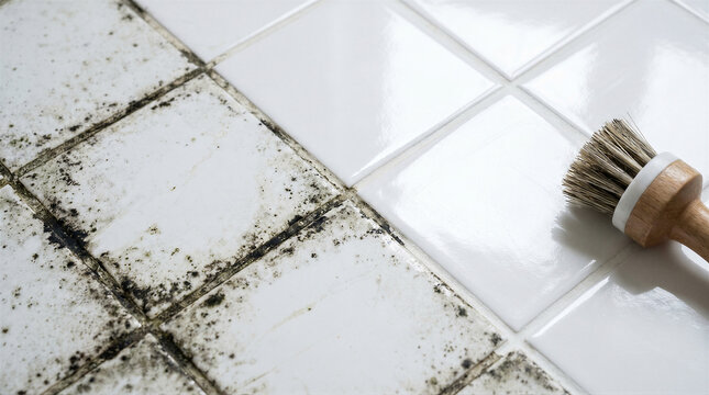 Closeup of a cleaning brush on dirty bathroom tiles with mold and mildew, showing a before and after cleaning effect