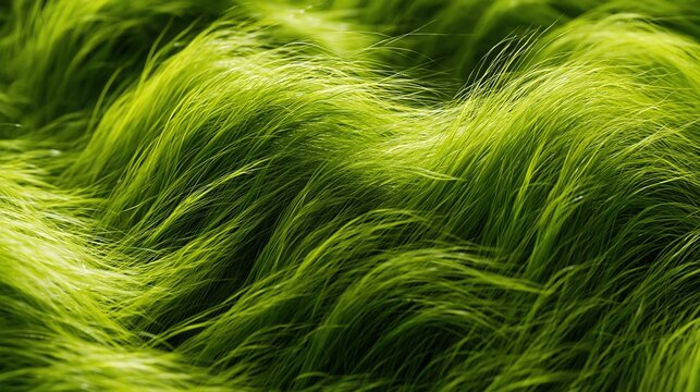 Bright sunlit flowing bright green wavy long grass like fur strands, soft natural textured background with gentle curved shapes and warm sunlight accents