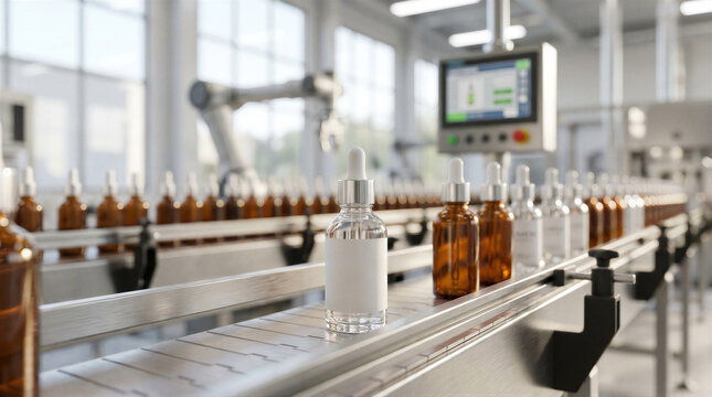 Automated production line with glass dropper bottles in a modern pharmaceutical or cosmetic manufacturing facility