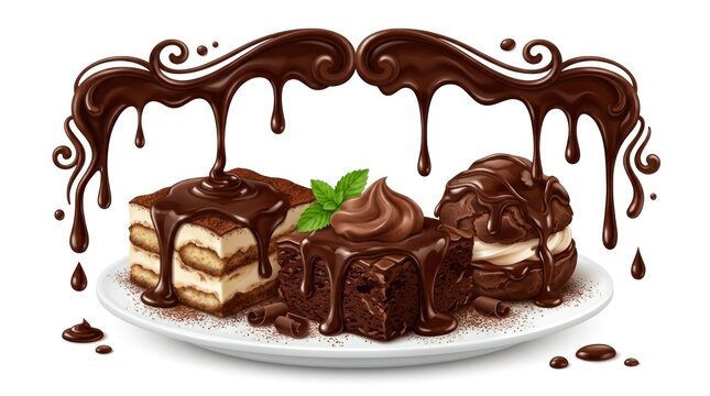 A delectable slice of layered cake with chocolate drizzle and a mint leaf.
