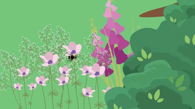 Beautiful pink and purple flowers blooming in lush green garden background flat 2D animation vector motion graphics nature landscape loop