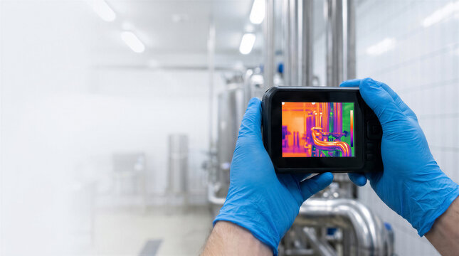 Technician using a thermal imaging camera to inspect industrial pipes in a food processing plant or laboratory facility