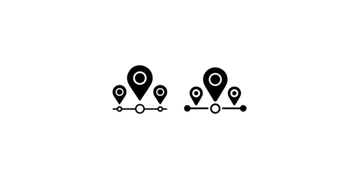 Map pin pointer location icons on a horizontal timeline path for navigation and tracking logistics progress in minimalist black flat design style vector.