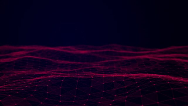 Abstract red waves made of glowing particles, futuristic digital mesh landscape on dark background, waveform surface, 4k, 60 fps, HUD, loop