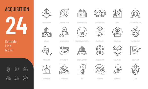 Acquisition Line Editable Icons set. Vector illustration in a modern thin line style of business related: purchase, merger, buying and more. Isolated on transparent background.